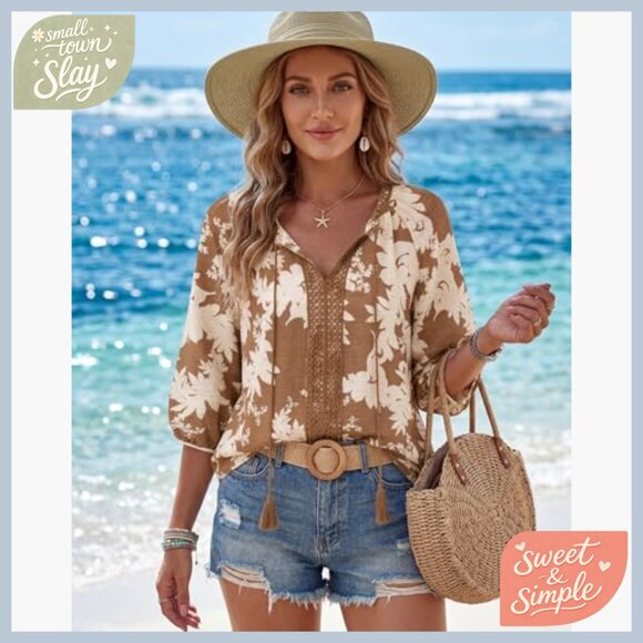 Linen Blend 3/4 Sleeve V-Neck Tunic Top Boho Floral Print Loose Fit - Picture 5 of 6